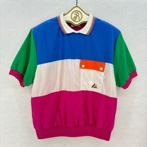 80s Vintage Color Block Polo Shirt Women's XL Short Sleeve Collar Pocket Retro